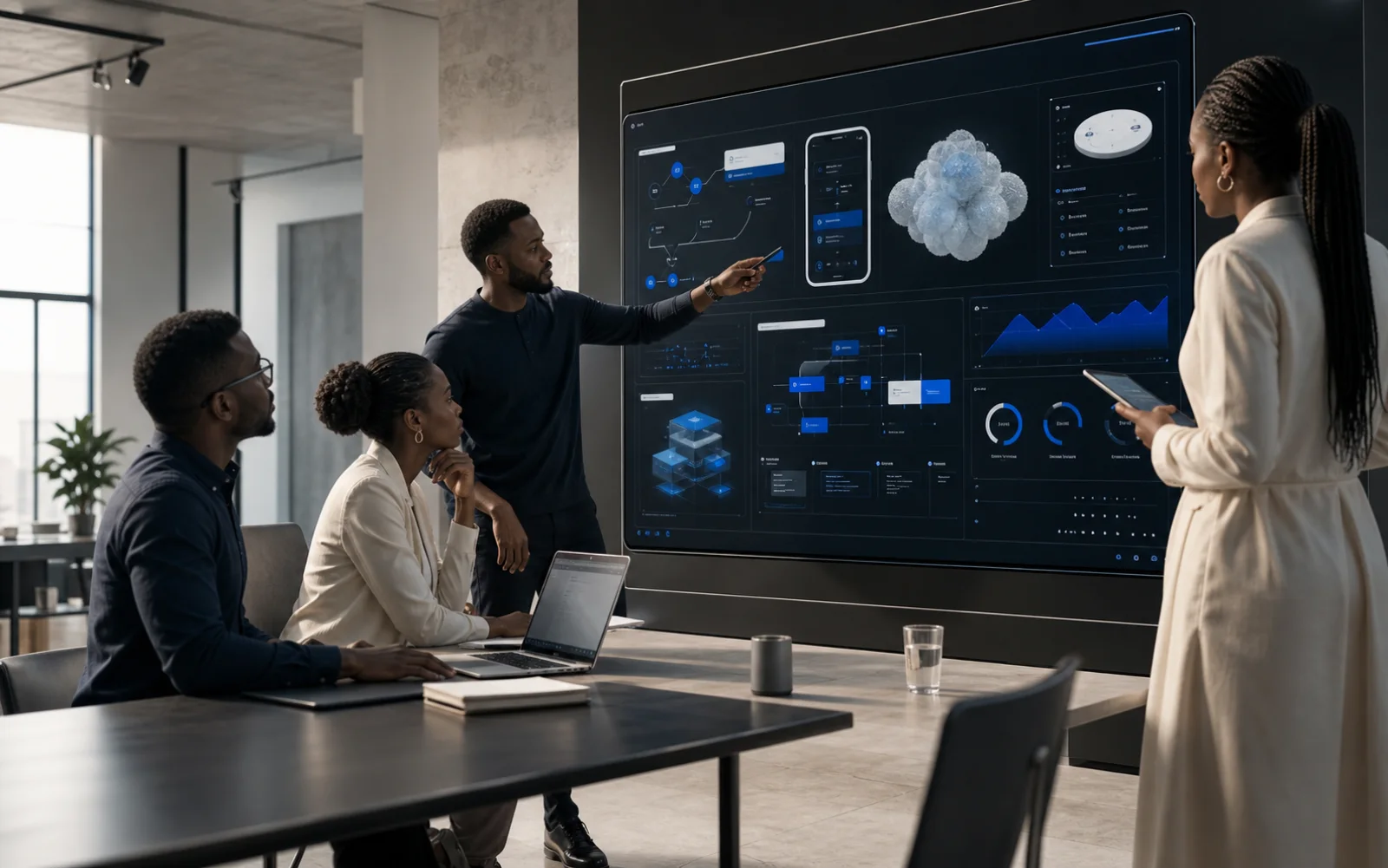 Équipe d’ingénierie FE-INTERSOFT analysant un tableau de bord de livraison logicielle